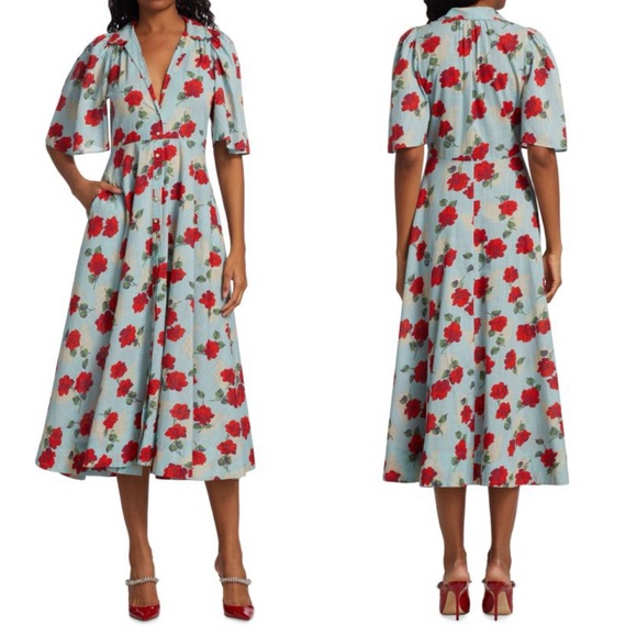 THE GREAT. Dresses & Skirts - The Great Bridge Floral Midi Dress Blue Red Cotton Size 0 / XS